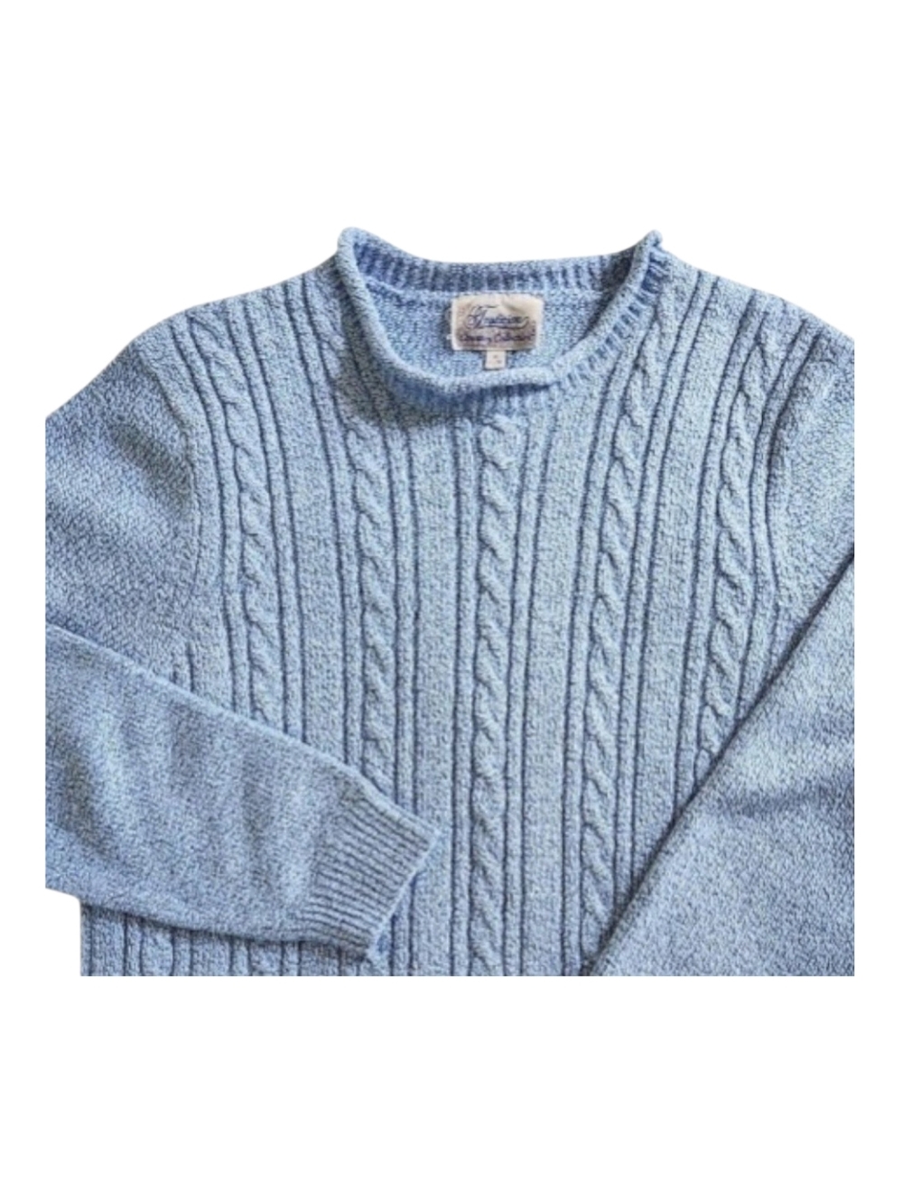 Vintage 90s cable knit sweater women XL rolled neck acrylic light blue pullover